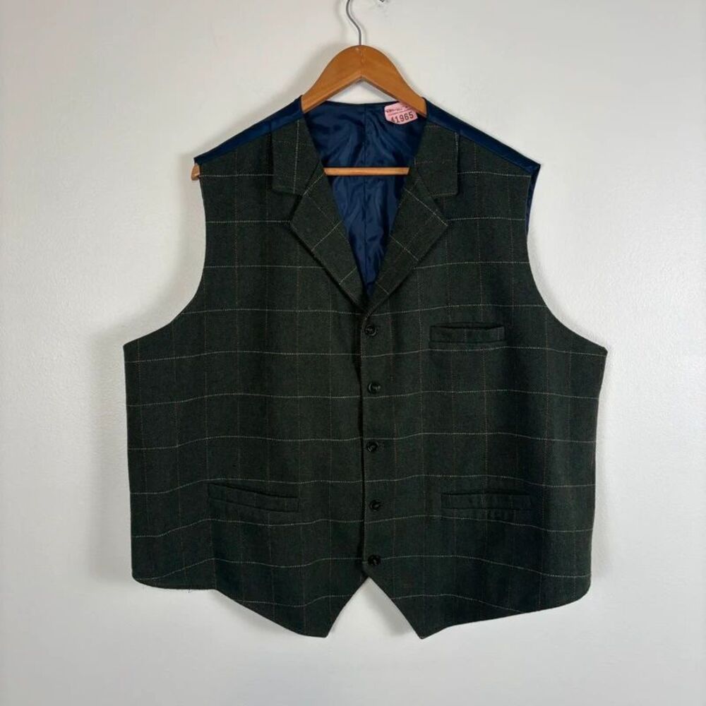Men's Tweed Suit Vest Waistcoat Plaid Herringbone Green Blue Back XL / READ